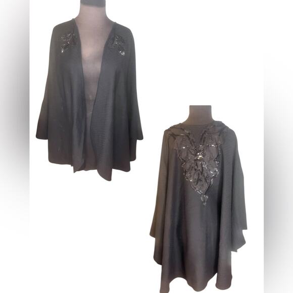 Vintage Black Flowy Floral Sequin Cape Jacket OS Dark Romantic Whimsigoth Glam - Picture 1 of 8